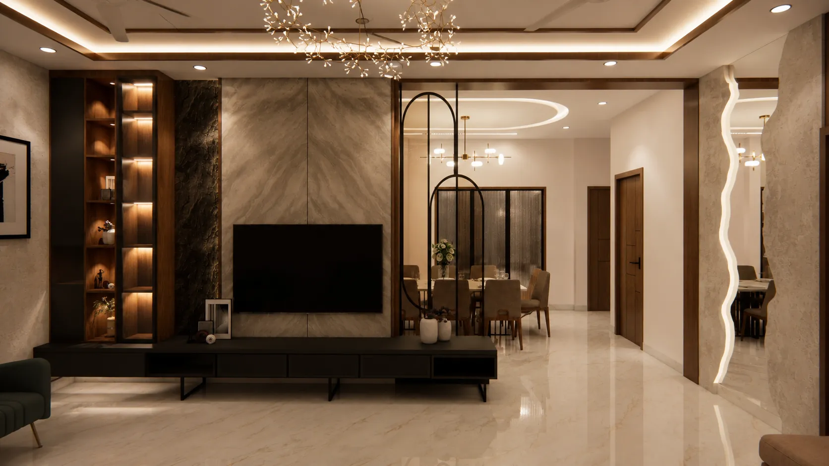 Pooja room with carved teak panels lit by a skylight